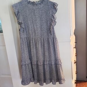 JODIFL Dusty Blue Women's Dress with Ruffle Sleeves and Ruffle Bottom